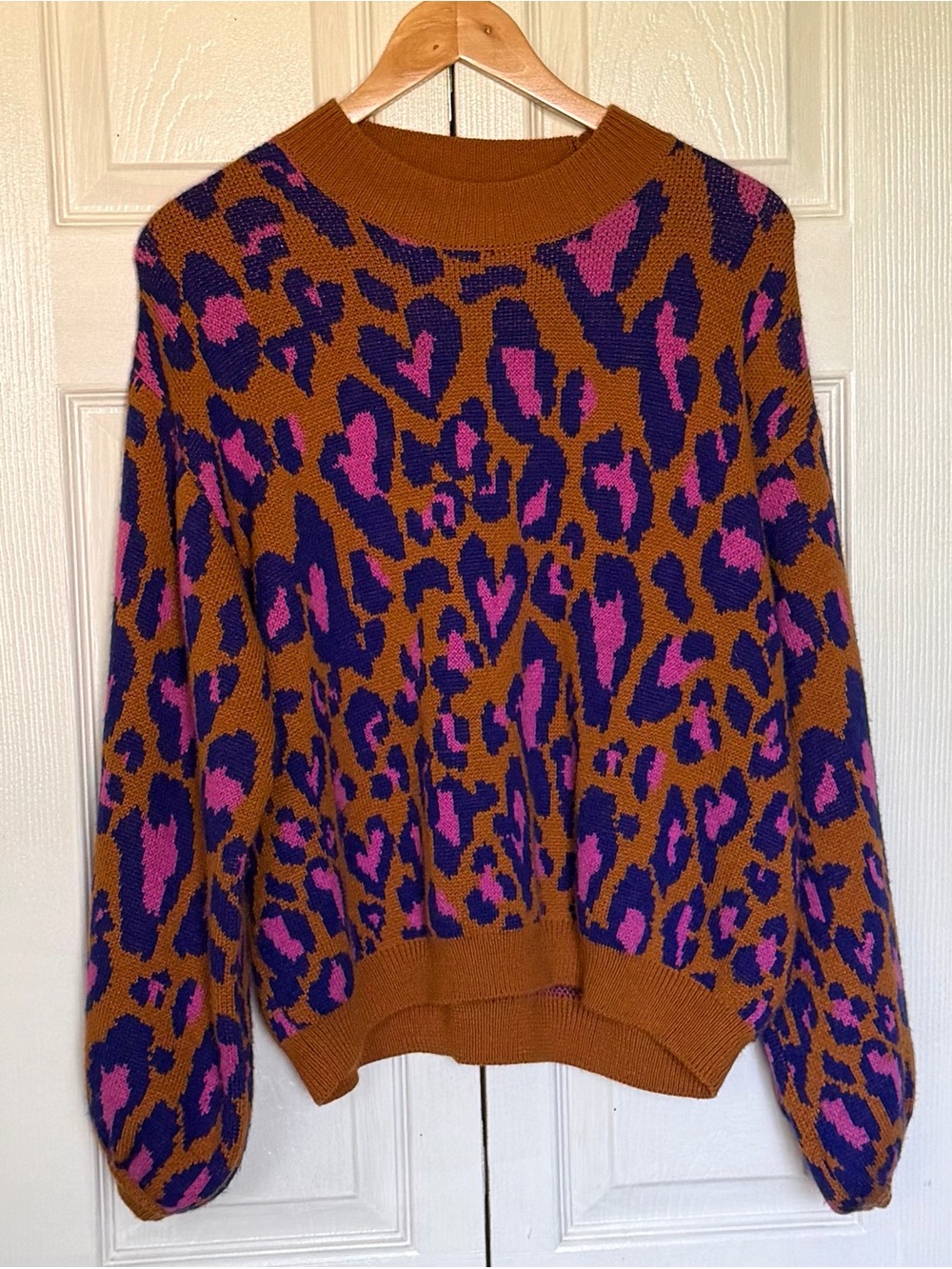 FARM Rio Mixed Leopard Print Knit Sweater S Brown Purple Pink